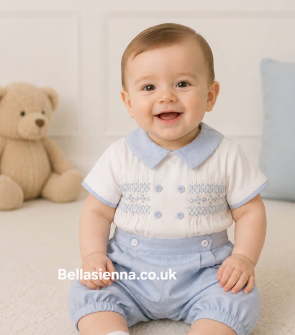 Pretty Originals White And Blue Two Piece Traditional Smocked Outfit MT02116