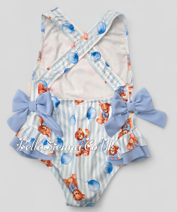 Baby Girls 3 Months Up To 12 Years Blue "Teddy Bear" Swimsuit With Bows - Swimming Costume
