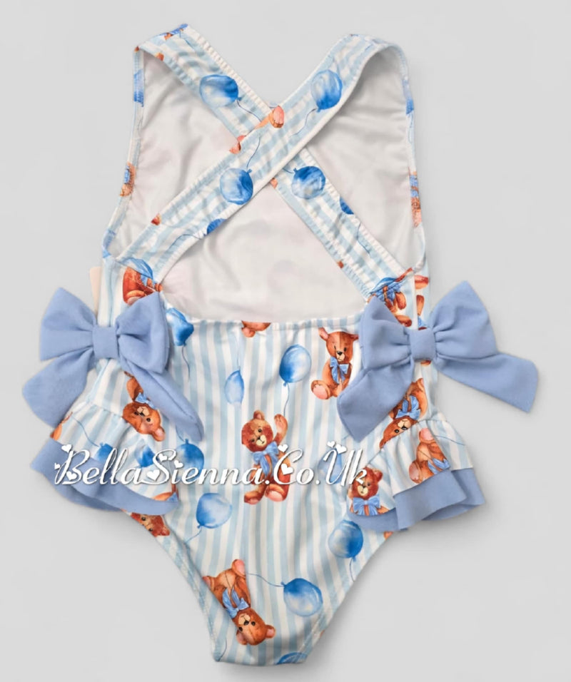 Baby Girls 3 Months Up To 12 Years Blue "Teddy Bear" Swimsuit With Bows - Swimming Costume