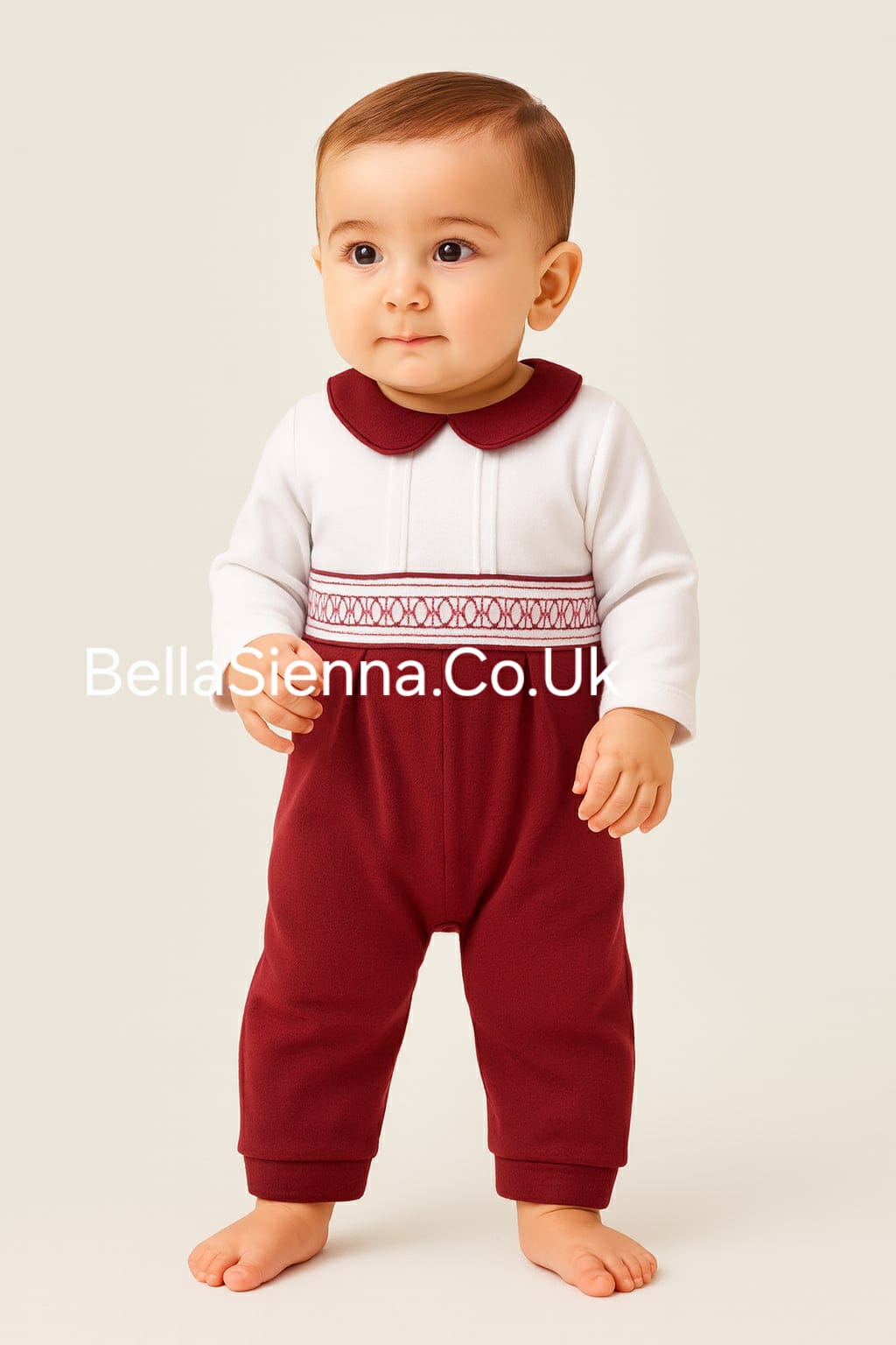 Boys Red & White Smocked Romper - AM0004