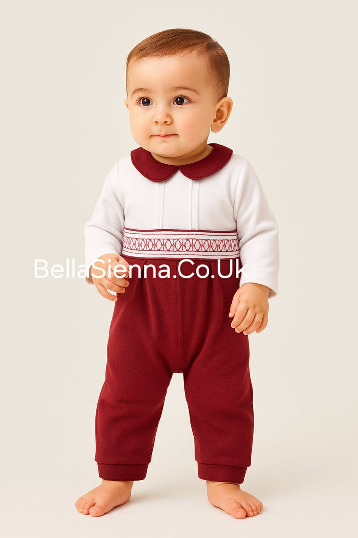 Boys Red & White Smocked Romper - AM0004