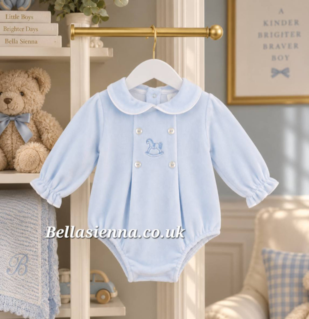 Blue Rocking Horse Velour Romper - "George"