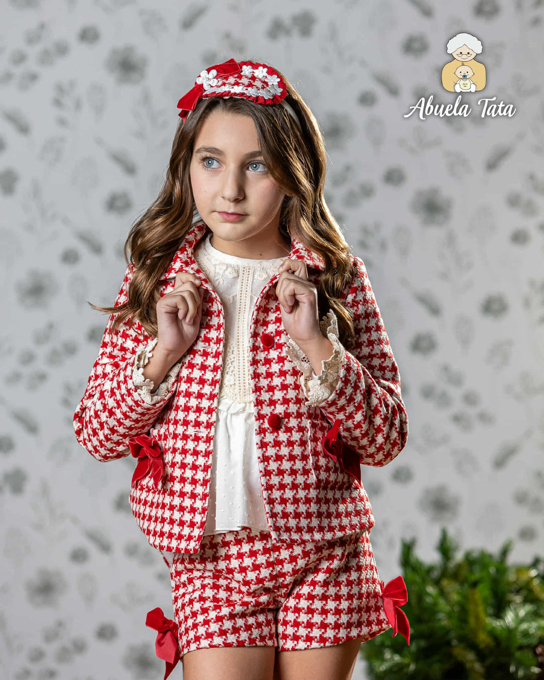Abuela Tata Red & Cream Dog Tooth Three Piece Set - Jacket, Blouse & Shorts - 34099392