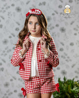 Abuela Tata Red & Cream Dog Tooth Three Piece Set - Jacket, Blouse & Shorts - 34099392