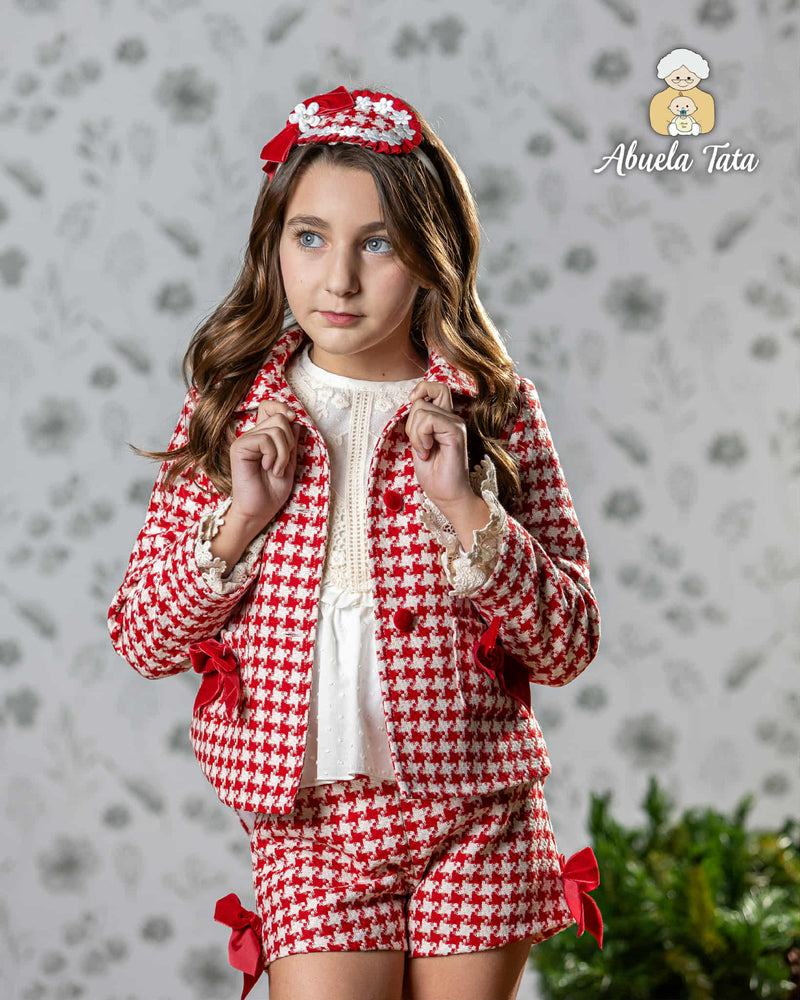 Abuela Tata Red & Cream Dog Tooth Three Piece Set - Jacket, Blouse & Shorts - 34099392