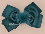 Bowtique London 4 Inch Bottle Green Grosgrain Medium Size Hair Bow With Fur Pom