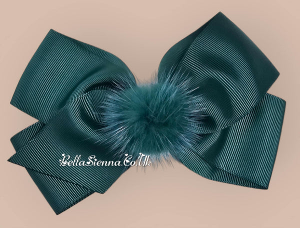 Bowtique London 4 Inch Bottle Green Grosgrain Medium Size Hair Bow With Fur Pom