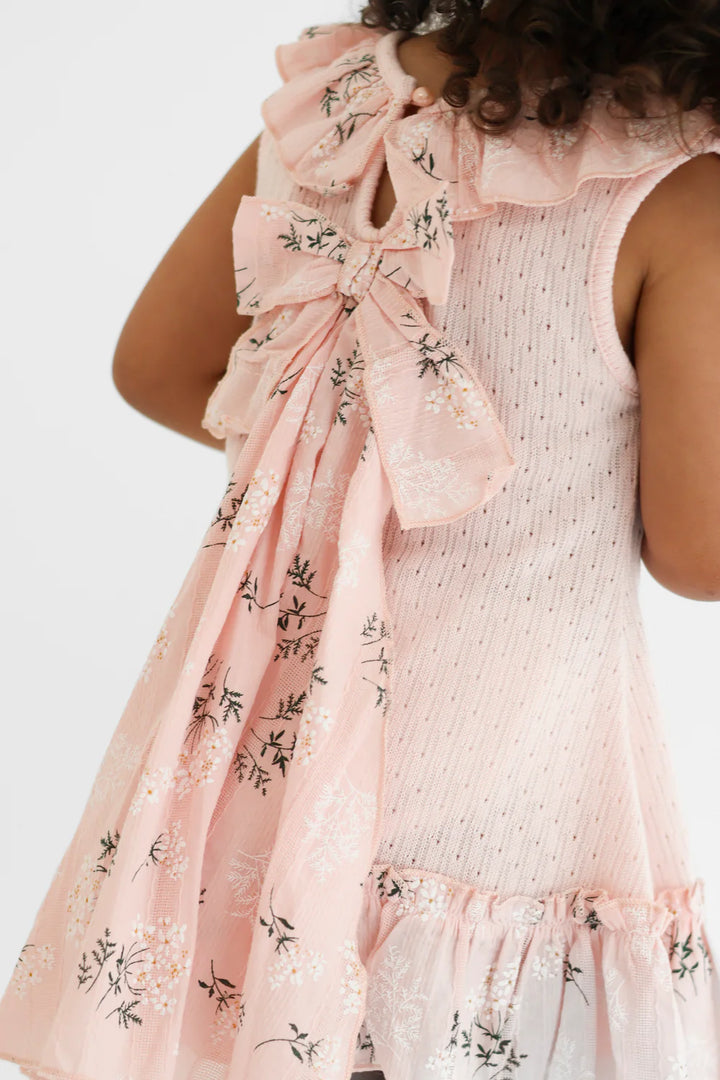 Harris Kids "Eliza" Girls Pink Knit Floral Bow Dress