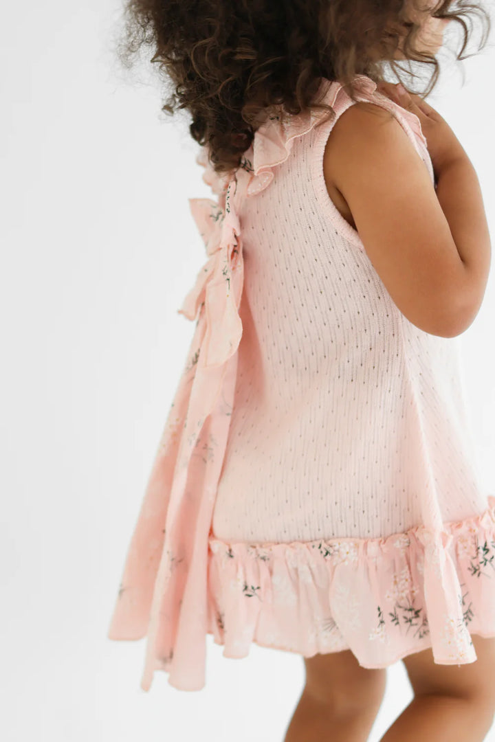 Harris Kids "Eliza" Girls Pink Knit Floral Bow Dress