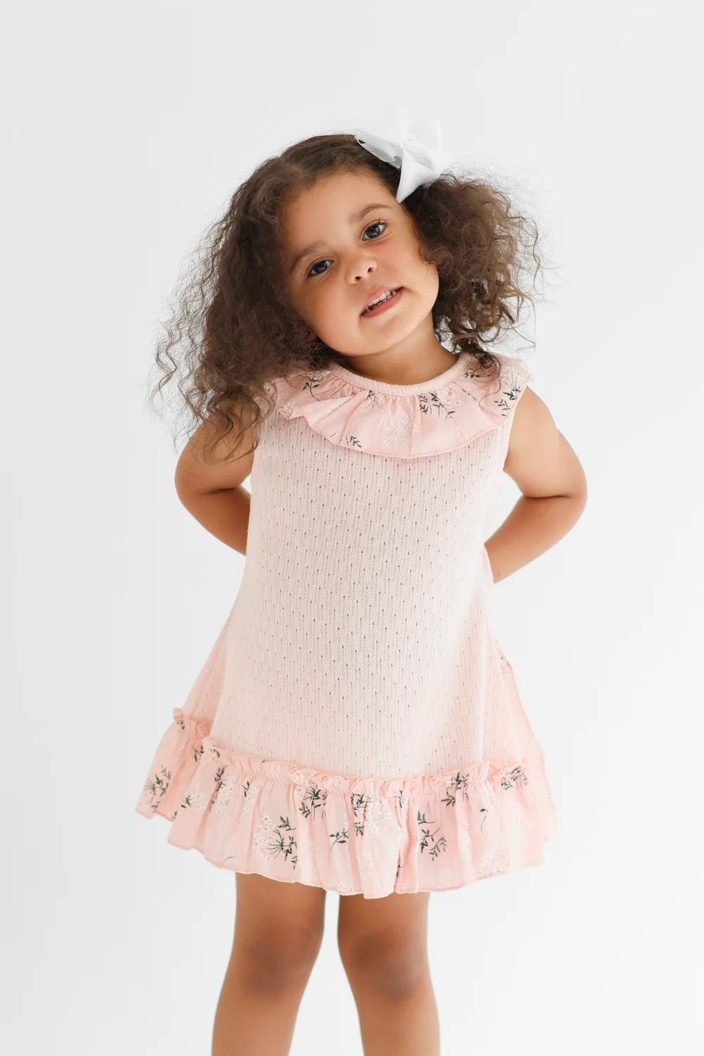 Harris Kids "Eliza" Girls Pink Knit Floral Bow Dress