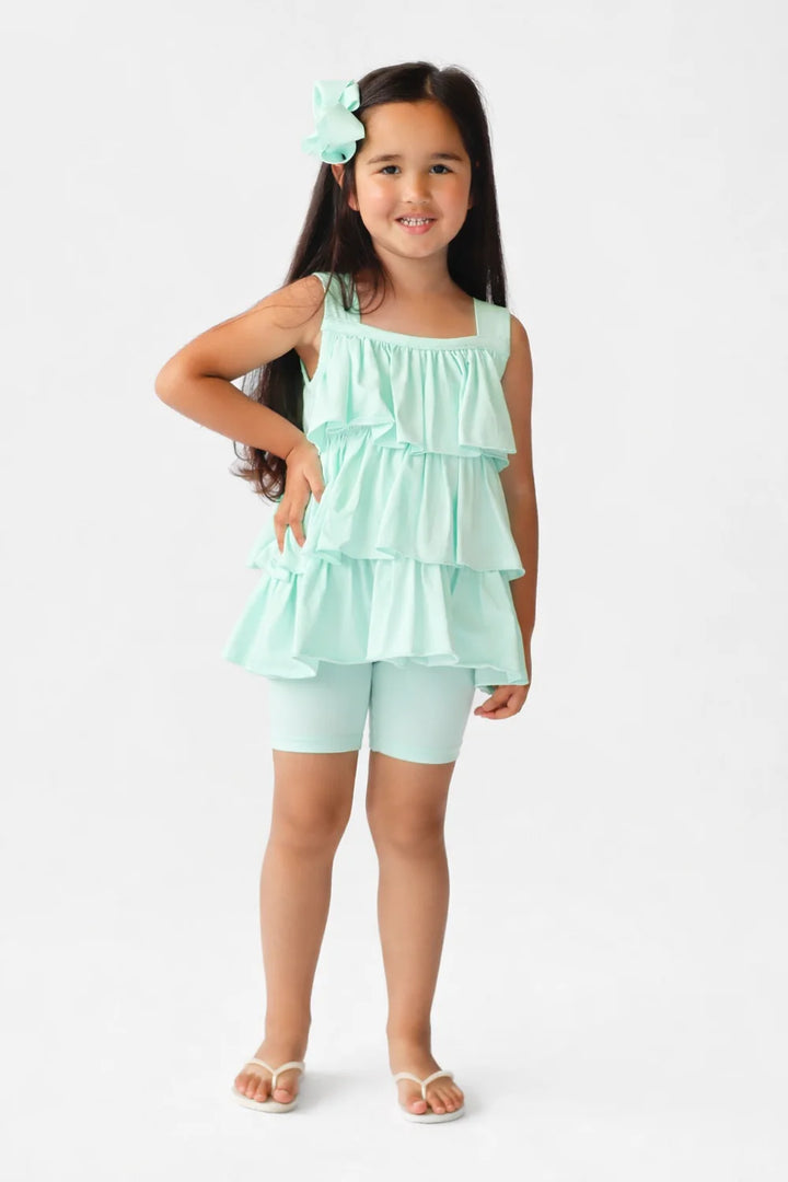 Harris Kids "Eva" Girls Frilly Ruffle 3 Piece Mint Green Top Shorts & Leggings Set
