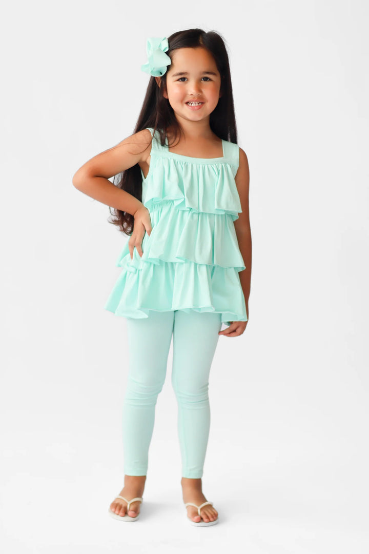 Harris Kids "Eva" Girls Frilly Ruffle 3 Piece Mint Green Top Shorts & Leggings Set