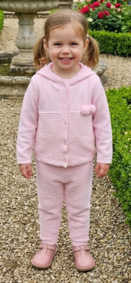 BLUES BABY BB0079 PINK KNIT TROUSERS AND POM POM HOODED CARDIGAN