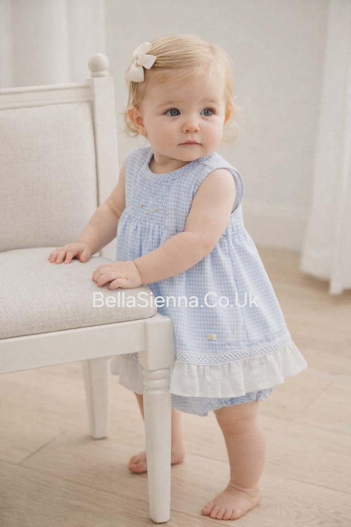 Girls Blue & White Gingham Dress & Pants Set - 0050