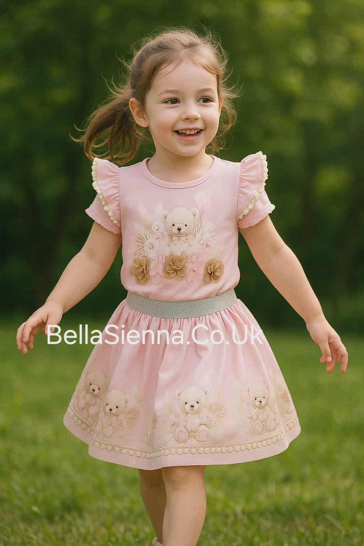 Pink Teddy Bear Pearl Deatil Skirt & Top Set - 3605