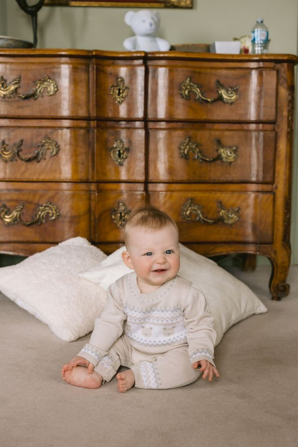 Emile et Rose Beige Teddy Bear Knitted Baby Romper With Matching Hat - Kristian