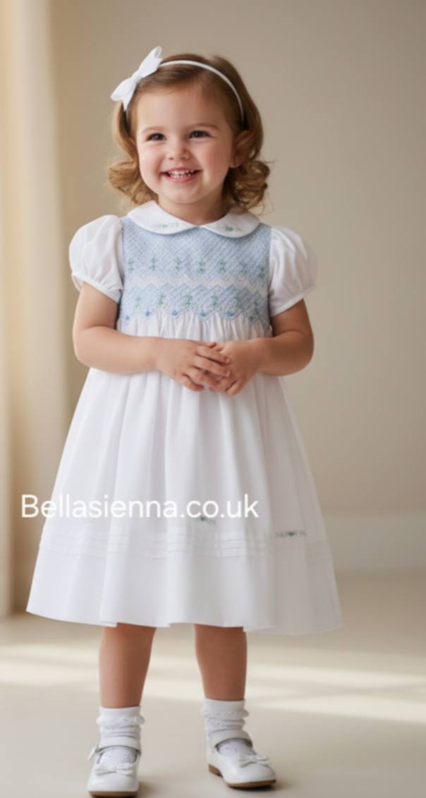 Sarah Louise White & Blue Hand Smocked Dress - 013747S