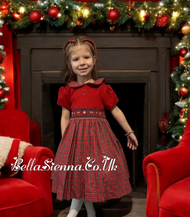 Pretty Originals Red Tartan Hand Smocked Dress & Headband - MC01371