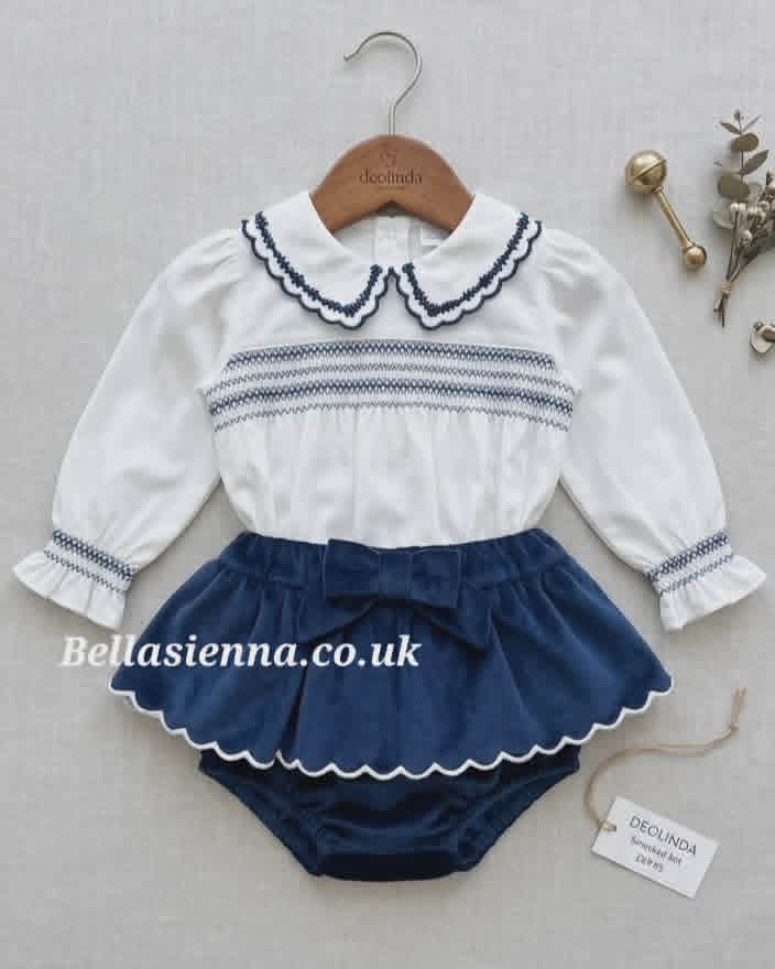 Deolinda Girls Navy Velvet Two Piece Bloomers Set With Smocking - DBI26633