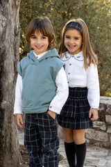 Calamaro Girls Skirt & Blouse Set - Charcoal Grey, Green & Ivory - 11230