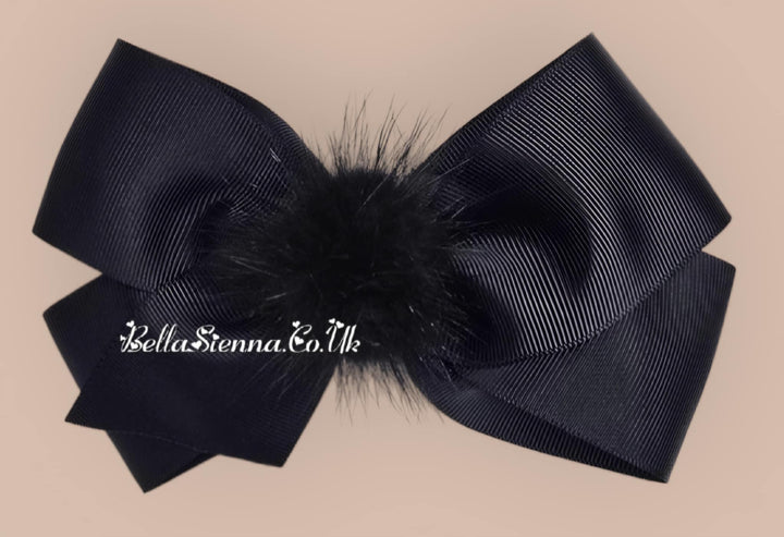 Bowtique London 4 Inch Black Grosgrain Medium Size Hair Bow With Fur Pom