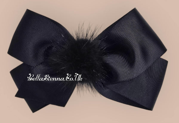 Bowtique London 4 Inch Black Grosgrain Medium Size Hair Bow With Fur Pom