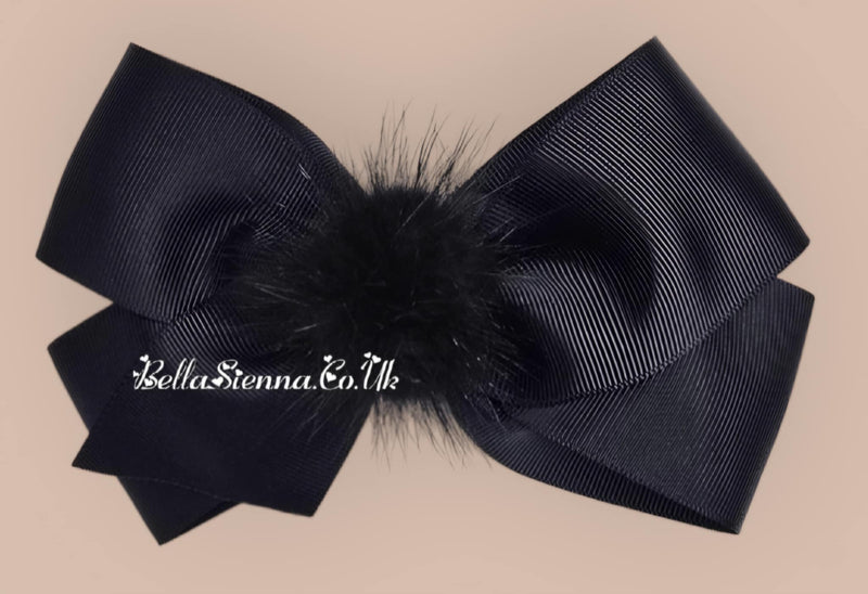 Bowtique London 4 Inch Black Grosgrain Medium Size Hair Bow With Fur Pom