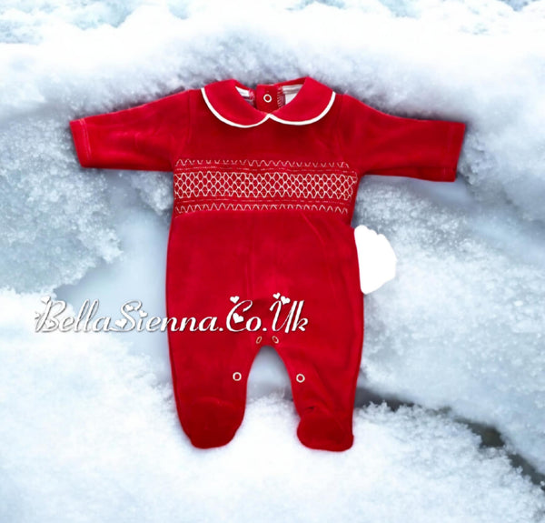 Bella Sienna Red Christmas Velour Baby Smocked All-in-One