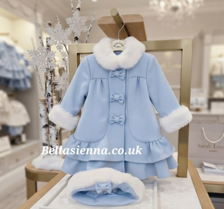 Sarah Louise Girls Baby Blue Traditional Style Coat With White Fur Trim