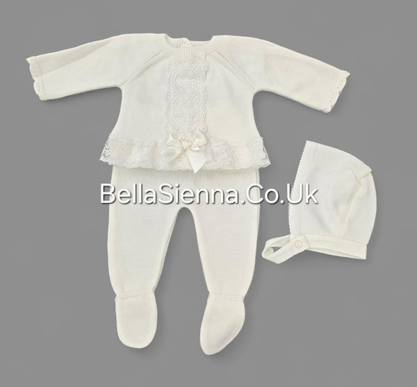 Girls Ivory Three Piece Knitted Set Lace & Bonnet - C9022
