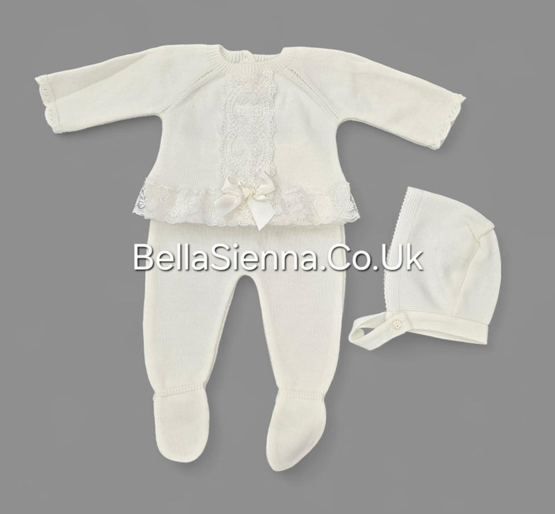 Girls Ivory Three Piece Knitted Set Lace & Bonnet - C9022