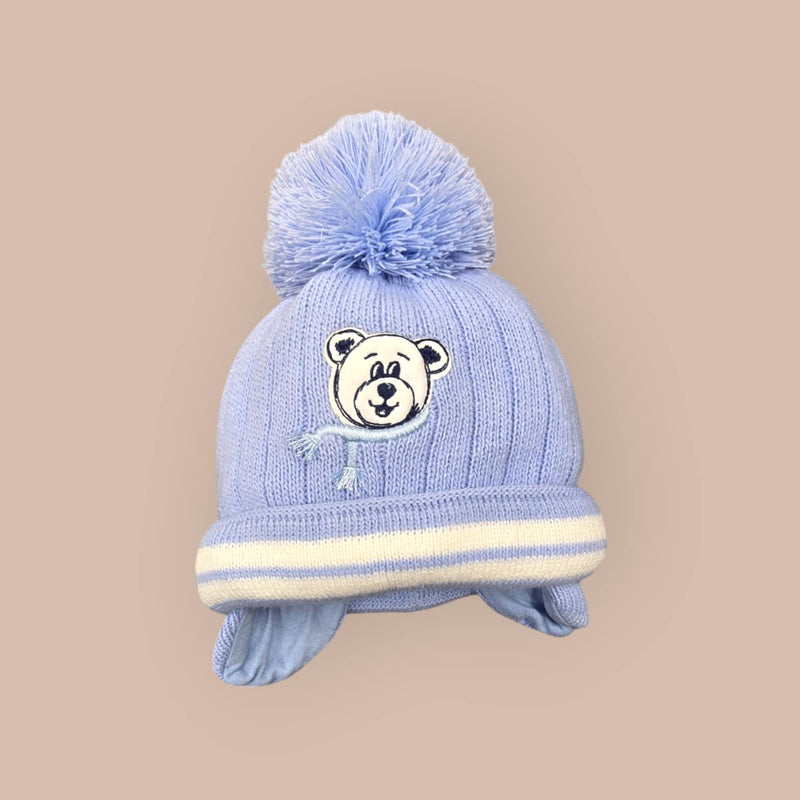Barbaras Luxuary Baby Boys Teddy Bear Detail Pom Pom Hat  Blue