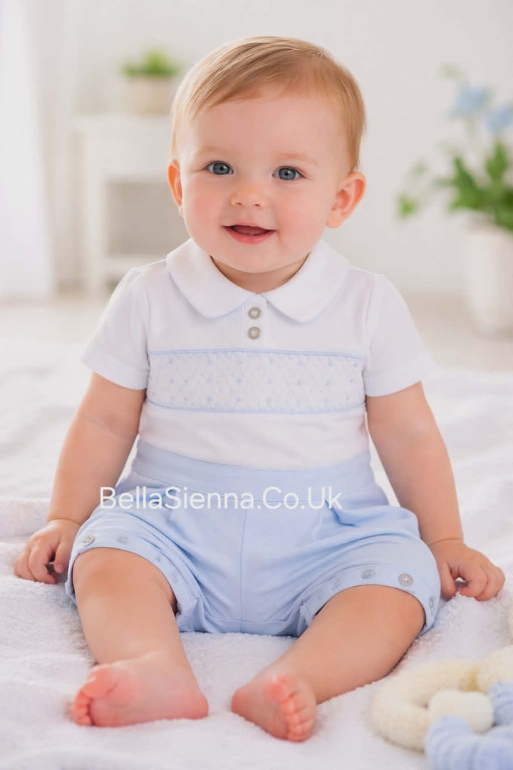 Mintini Boys Blue & White Smocked Detail Romper - MB6241