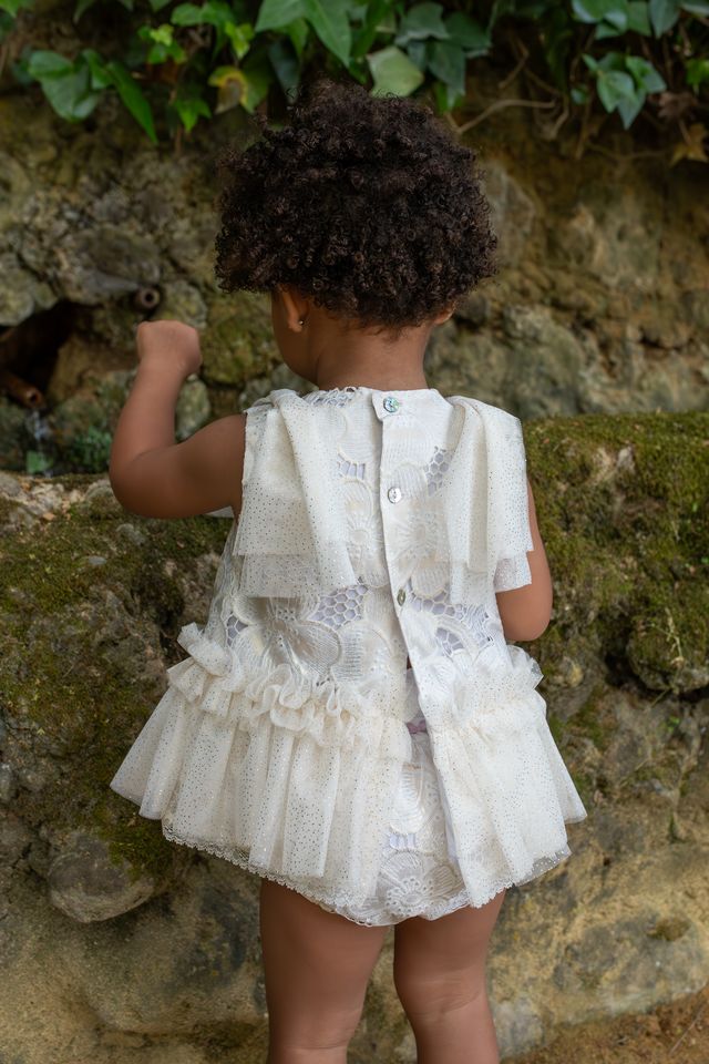 Naxos Girls Ivory & Gold Embroidered Dress & Pants Set With Tulle Detail - 7711
