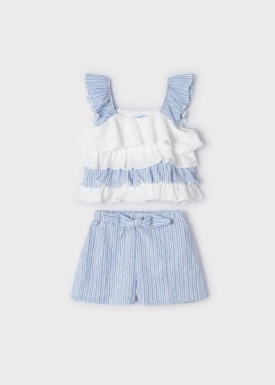 Mayoral Girls Stripes & Ruffle Two Piece Shorts Set - 3259 - Blue