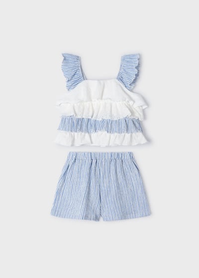 Mayoral Girls Stripes & Ruffle Two Piece Shorts Set - 3259 - Blue