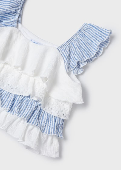 Mayoral Girls Stripes & Ruffle Two Piece Shorts Set - 3259 - Blue