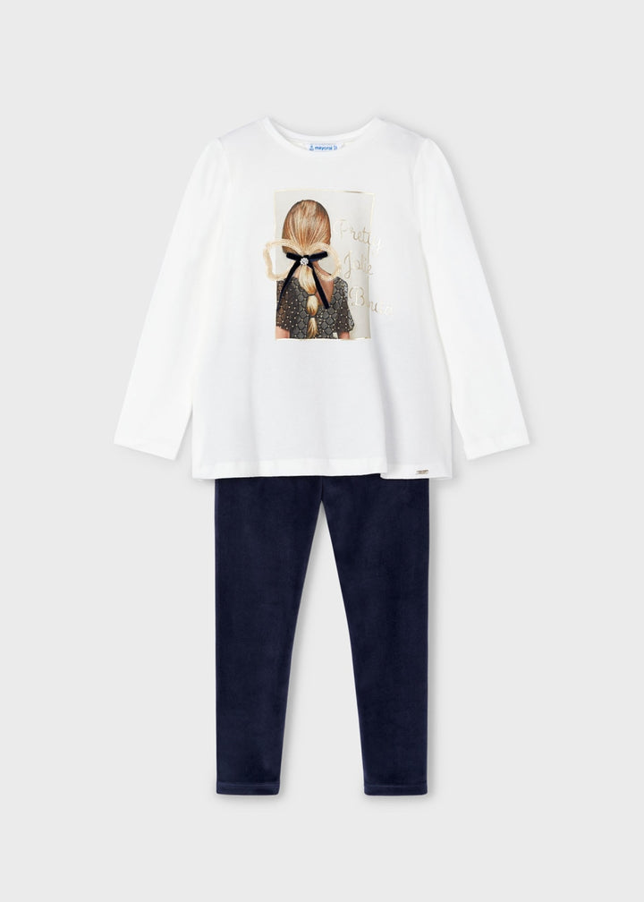 Mayoral Girls Ivory Long Sleeved Top & Navy Leggings Set - 4705