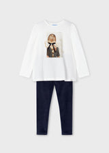 Mayoral Girls Ivory Long Sleeved Top & Navy Leggings Set - 4705