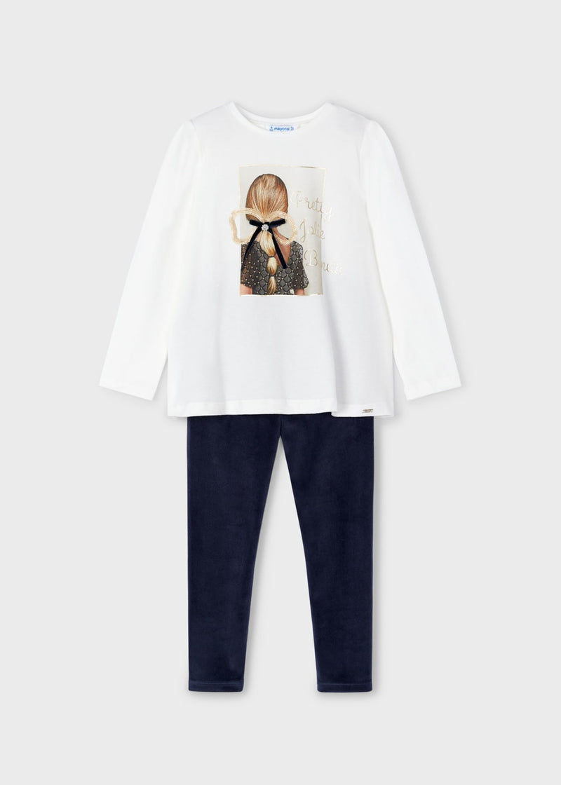 Mayoral Girls Ivory Long Sleeved Top & Navy Leggings Set - 4705