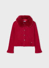 Mayoral Girls Tricot Cardigan with Fur Collar - Red - 4362