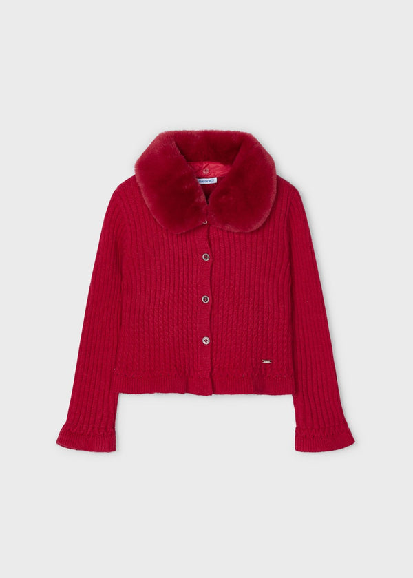 Mayoral Girls Tricot Cardigan with Fur Collar - Red - 4362