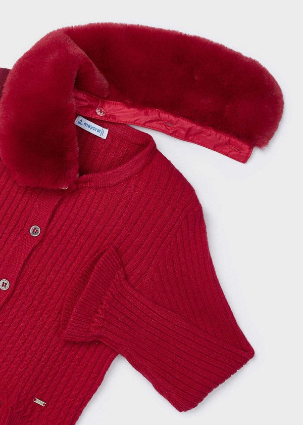 Mayoral Girls Tricot Cardigan with Fur Collar - Red - 4362