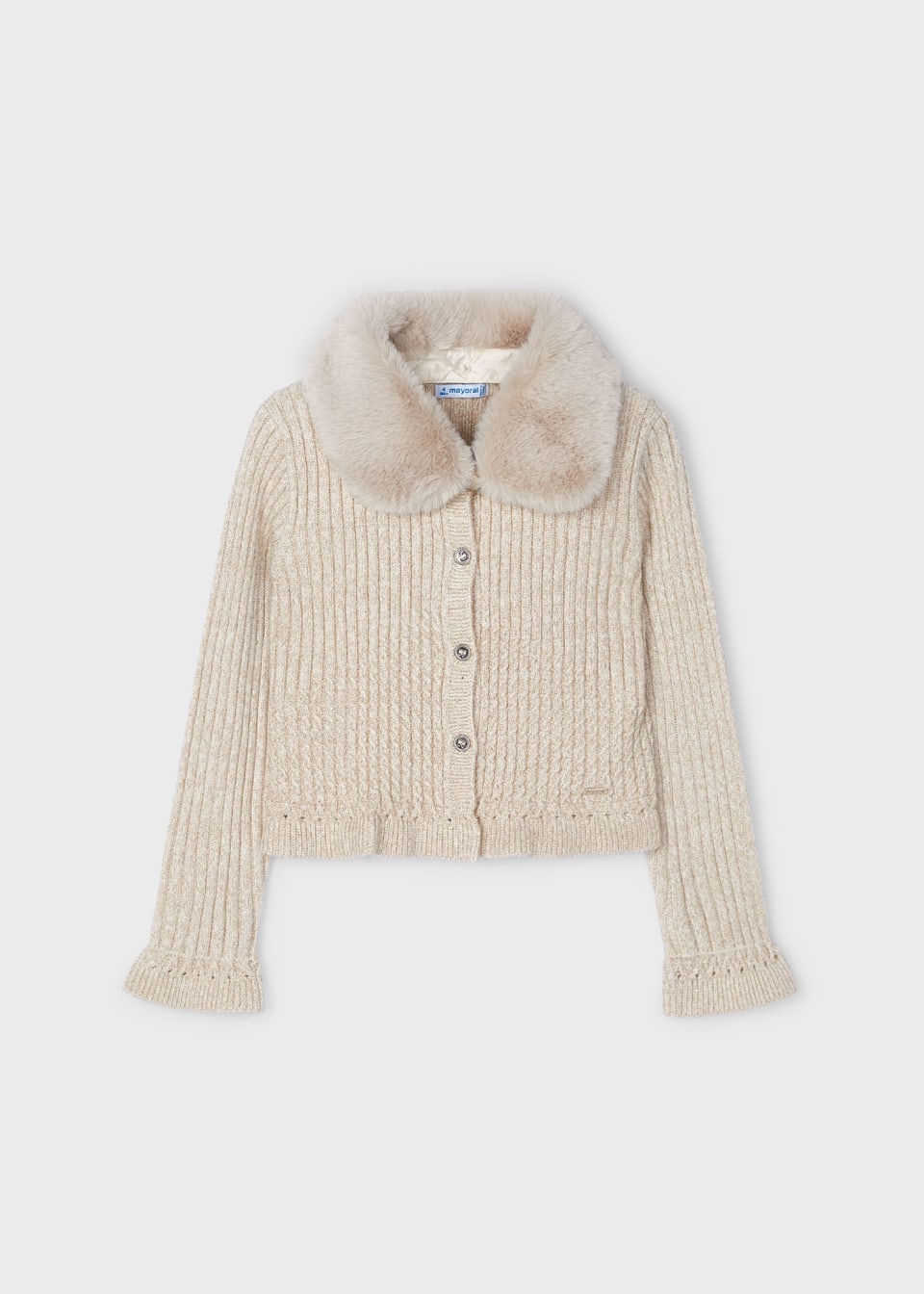 Mayoral Girls Tricot Cardigan with Fur Collar - Champagne/Gold - 4362