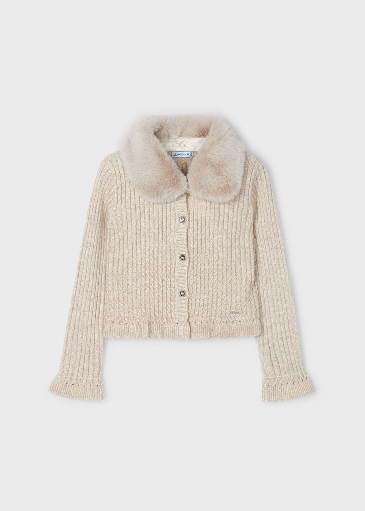 Mayoral Girls Tricot Cardigan with Fur Collar - Champagne/Gold - 4362
