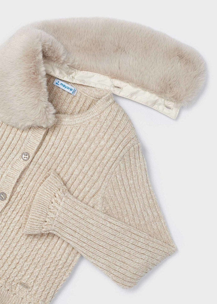 Mayoral Girls Tricot Cardigan with Fur Collar - Champagne/Gold - 4362