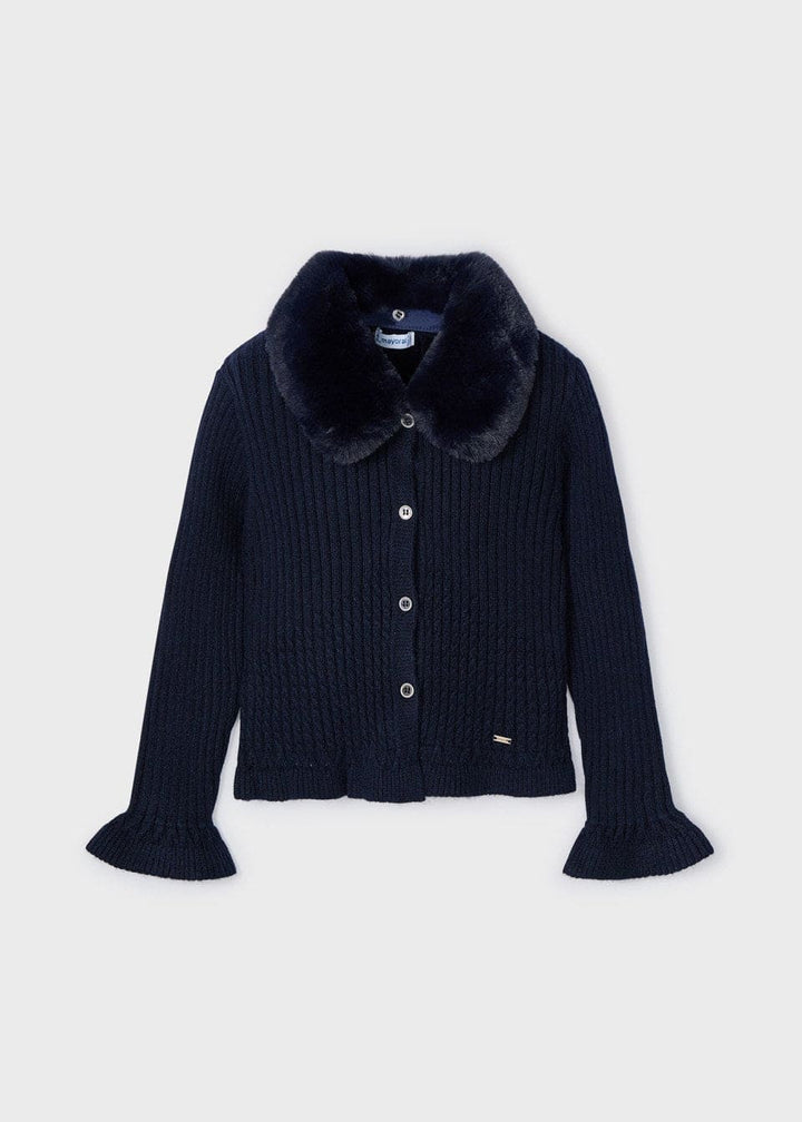 Mayoral Girls Tricot Cardigan with Fur Collar - Navy - 4362