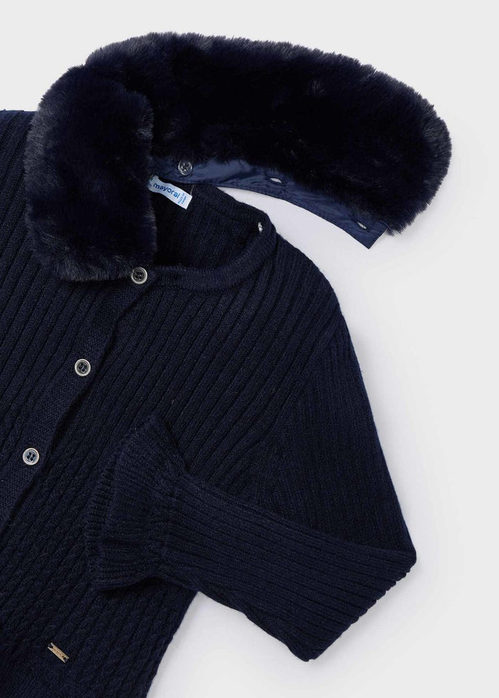 Mayoral Girls Tricot Cardigan with Fur Collar - Navy - 4362