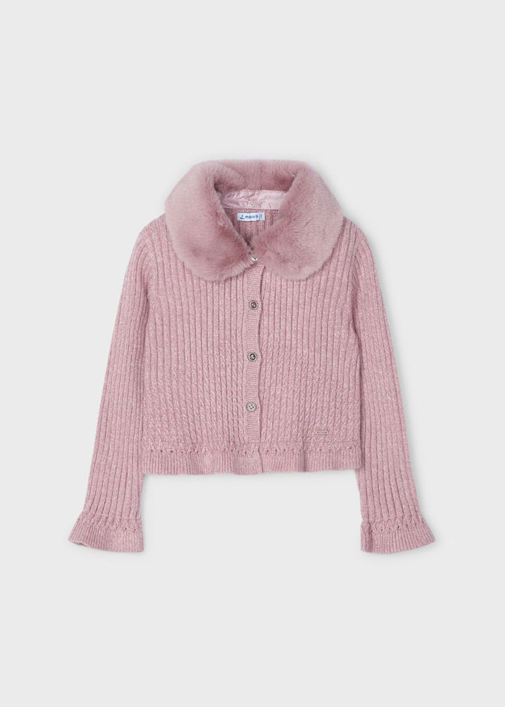 Mayoral Girls Tricot Cardigan with Fur Collar - Rosado - Pink - 4362