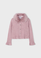 Mayoral Girls Tricot Cardigan with Fur Collar - Rosado - Pink - 4362